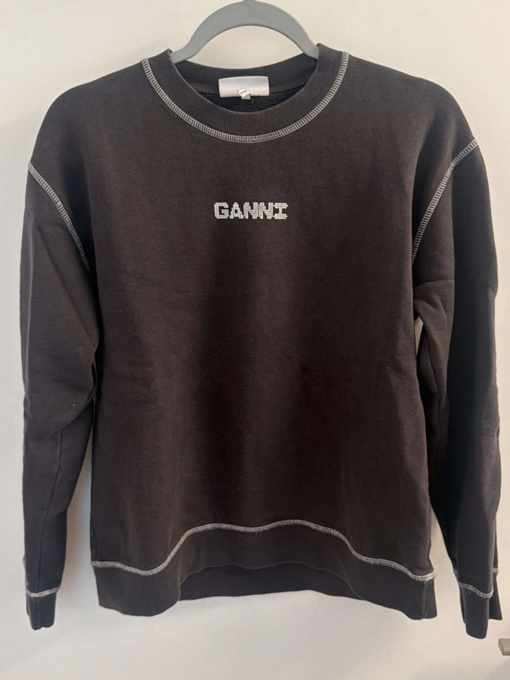 Ganni Black Crewneck with Contrast Stitching and Logo